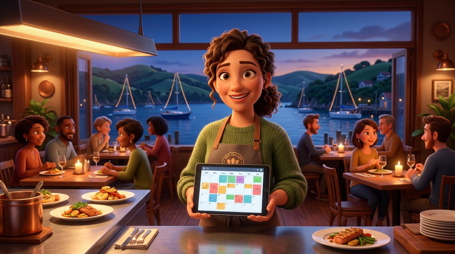 New Zealand restaurant owner reviewing a fully booked evening on a tablet at the pass of her harbourside bistro, with sailboats and green hills visible through the window