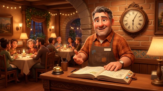 Illustration of a restaurant owner at the host stand with an open reservation book, a clock and a bell on the counter