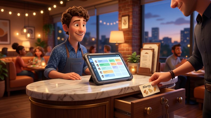 Illustration of a restaurant host station where a waiter slips a handwritten allergy note into a locked drawer beside a tablet showing the evening's reservation list