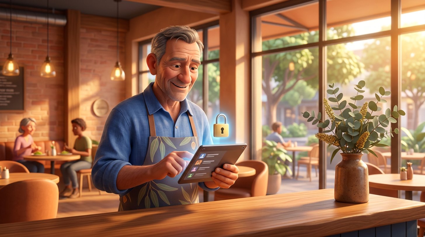 Illustration of a relaxed Australian restaurant owner behind the counter of a sunny bistro, checking a guest list on a tablet with a small glowing padlock above the screen