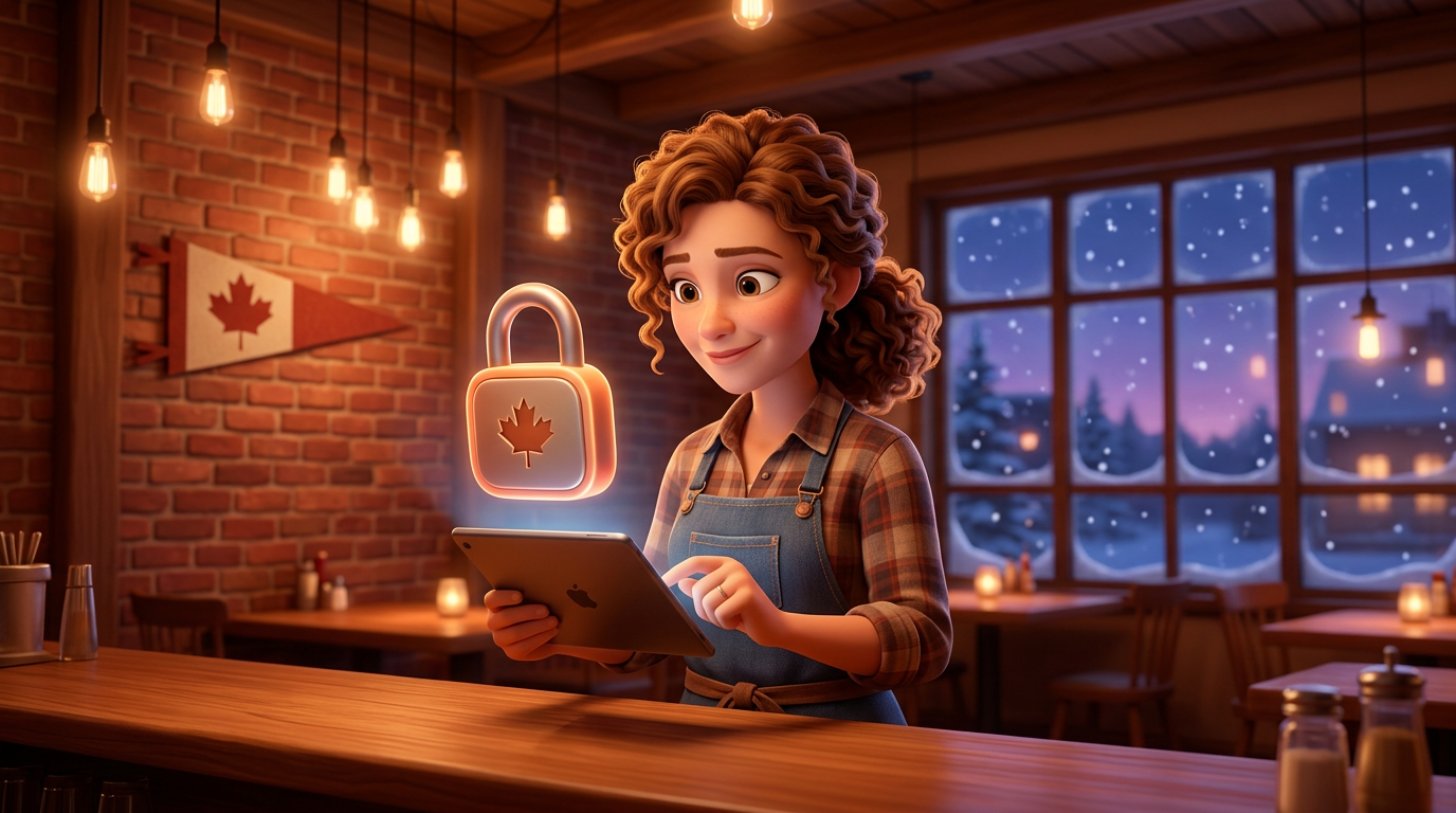 Illustration of a Canadian restaurant owner reviewing her guest list on a tablet at the bar, a glowing padlock hovering above the screen and a maple leaf pennant on the wall behind her