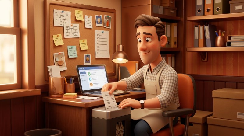 Restaurant manager shredding old paper reservation slips in his back office while a laptop shows a tidy minimal guest list