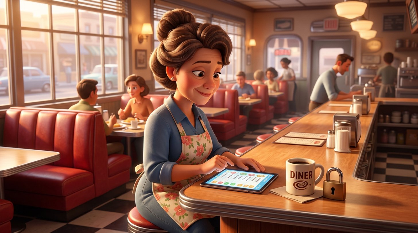 Illustration of an American diner owner calmly reviewing her guest list on a tablet at the counter, a small padlock beside her coffee mug symbolizing data protection
