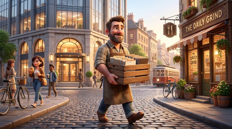 Restaurant owner carrying a crate of guest record cards from a large corporate building back to his own small restaurant
