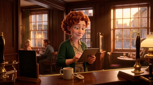 Illustration of a British restaurant owner calmly reviewing her guest booking list on a tablet behind the counter of a cosy gastropub, a padlock symbolising data protection resting next to a cup of tea