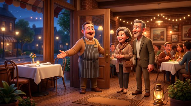 Illustration of a restaurant owner warmly greeting a couple of regulars at the door and pointing them to their favorite table by the window