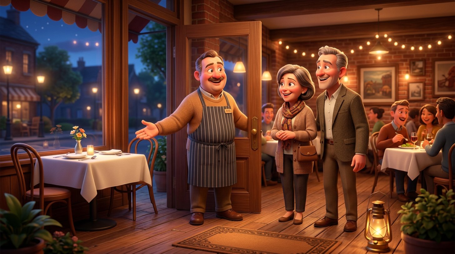 Illustration of a restaurant owner warmly greeting a couple of regulars at the door and pointing them to their favorite table by the window