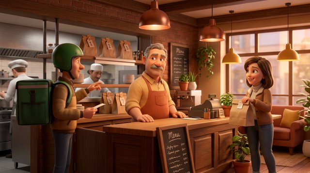 Restaurant owner at the counter looking between a waiting delivery courier and a customer collecting a kraft bag of takeout
