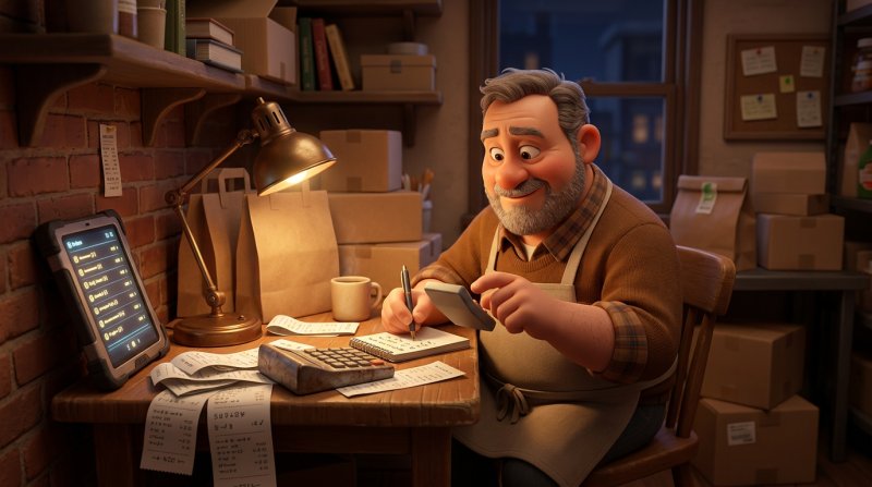 Restaurant owner calculating delivered-order margins at a desk covered with receipts, packaging boxes and an order tablet