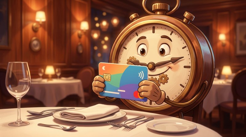 Illustration of a credit card gently clamped by a stylised clock, symbolising a temporary pre-authorisation hold before a restaurant reservation