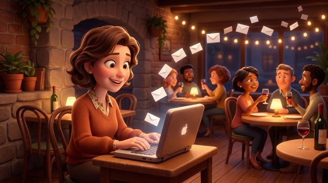 Illustration of a restaurant owner at a laptop in her closed bistro at night, envelopes floating from the screen toward happy diners at warmly lit tables