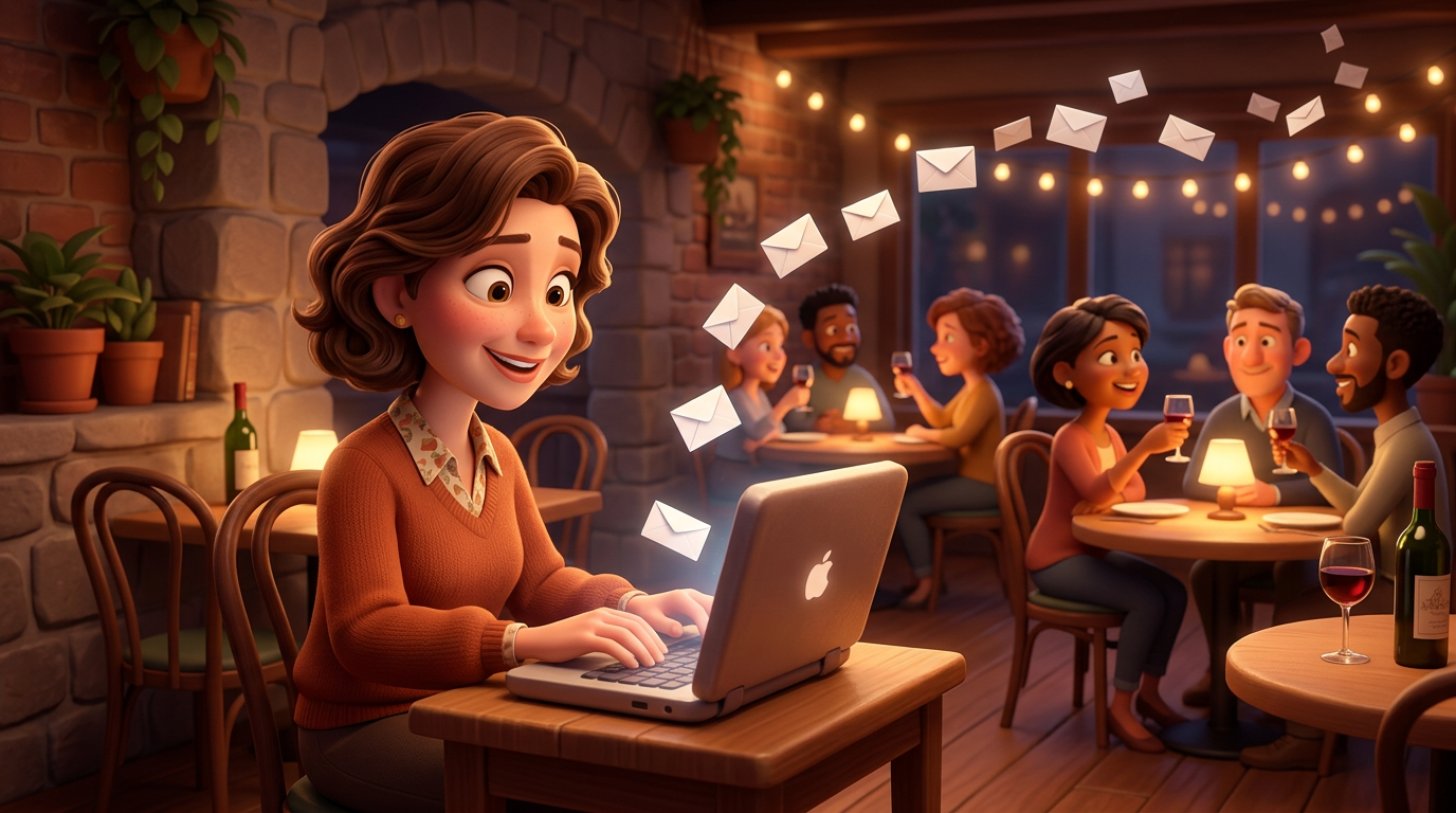 Illustration of a restaurant owner at a laptop in her closed bistro at night, envelopes floating from the screen toward happy diners at warmly lit tables