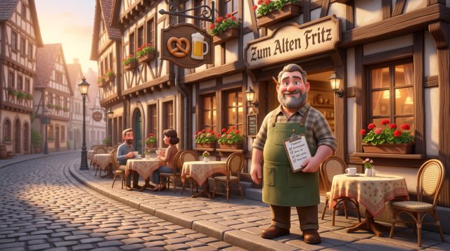 Stolzer Gastronom mit Checkliste vor der Fachwerkfassade seines neu eröffneten Restaurants in einer deutschen Altstadtgasse