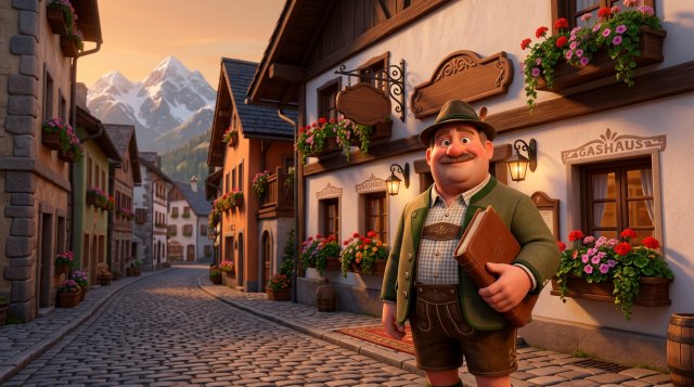 Stolzer Wirt mit Genehmigungsmappe vor seinem neu eröffneten Gasthaus in einer österreichischen Altstadtgasse mit Bergen im Hintergrund