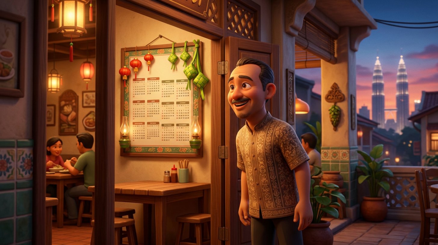 Illustration of a Malaysian restaurant owner at a shophouse doorway looking at a large wall calendar decorated with lanterns, ketupat and oil lamps