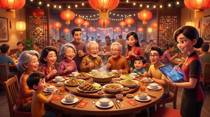 Illustration of a multigenerational Malaysian family at a long reunion dinner table while a hostess checks a tablet seating plan