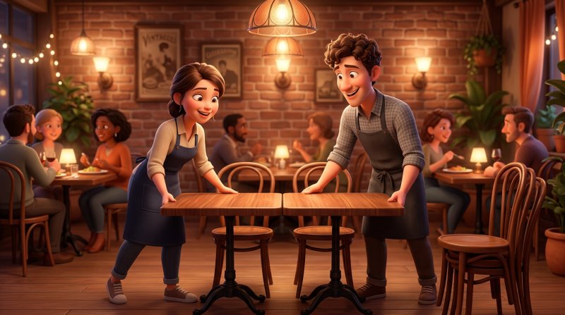 Two servers pushing two square tables together to form a longer table in a bistro dining room
