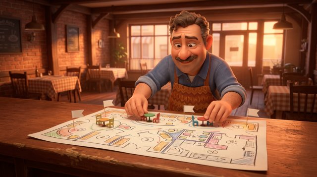 Restaurant owner rearranging miniature tables on a floor plan of his dining room, like pieces on a game board