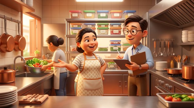 เจ้าของร้านอาหารไทยในผ้ากันเปื้อนพาเจ้าหน้าที่ตรวจสุขาภิบาลเดินดูครัวสเตนเลสที่สะอาด มีชั้นวางภาชนะอาหารแบบมีฝาปิดและอ่างล้างผักอยู่ด้านข้าง