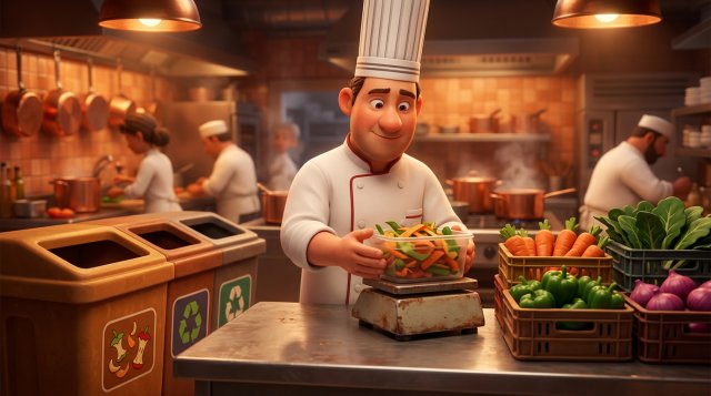 Illustration of a restaurant chef weighing vegetable trimmings on a kitchen scale, with crates of fresh vegetables on one side and a food-scrap sorting bin on the other