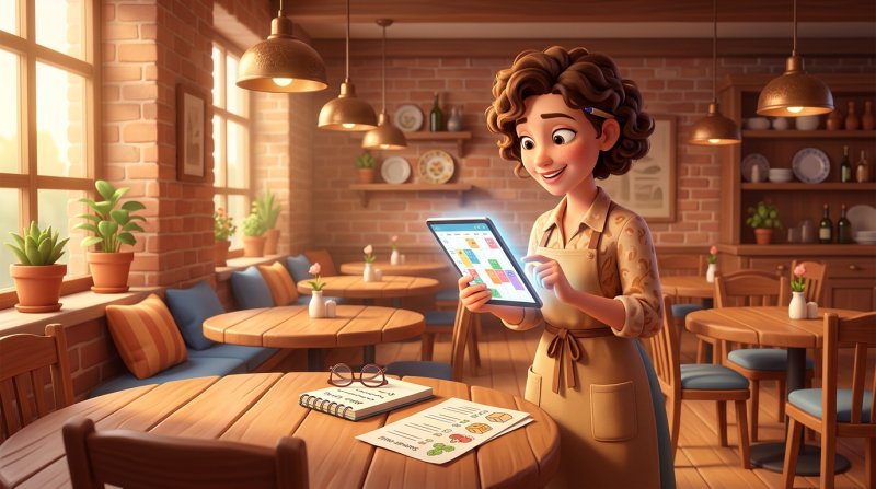Restaurant owner reviewing the weekly reservation calendar on a tablet next to a supplier order list
