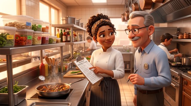 Illustration of a restaurant owner in a spotless commercial kitchen presenting a checklist to a health inspector, with a probe thermometer and labeled storage containers nearby