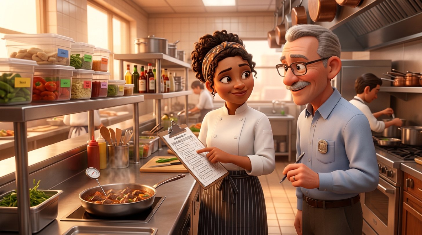 Illustration of a restaurant owner in a spotless commercial kitchen presenting a checklist to a health inspector, with a probe thermometer and labeled storage containers nearby