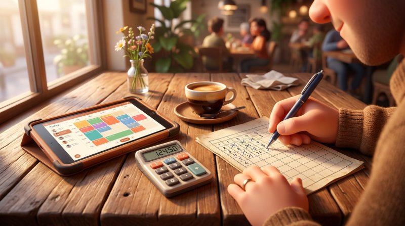 Illustration einer Hand, die auf einem Holztisch eine wöchentliche Kennzahlen-Tabelle ausfüllt, daneben Espresso, Taschenrechner und ein Tablet mit Reservierungskalender