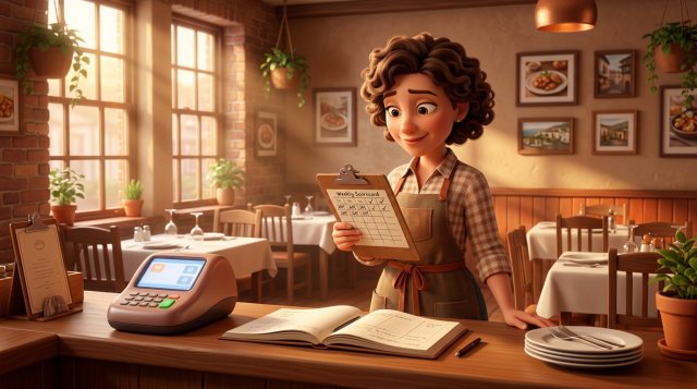 Illustration of a restaurant owner at the pass of her bistro reviewing a handwritten weekly scorecard on a clipboard, with a POS terminal and a reservation book on the counter
