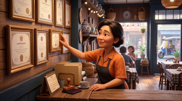 เจ้าของร้านอาหารไทยจัดเรียงกรอบใบอนุญาตและเอกสารราชการบนผนังร้านตึกแถว โดยมีโต๊ะทำงานพร้อมแฟ้มเอกสารและปฏิทินอยู่ข้าง ๆ