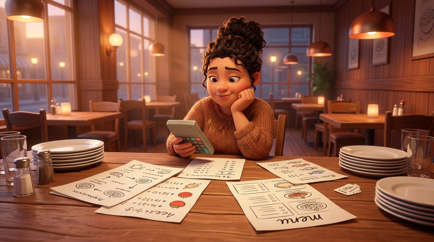 Illustration of a restaurant owner at a table after closing, calculator in hand, surrounded by recipe cost sheets and a draft menu
