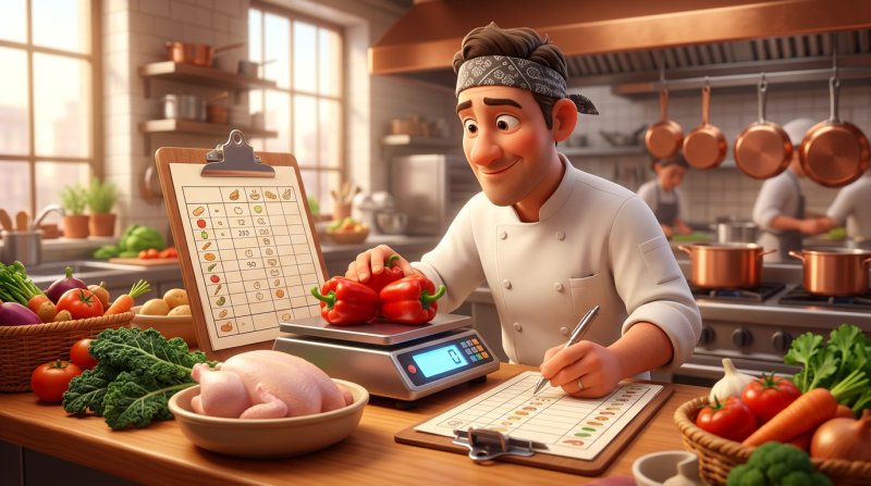 Chef weighing fresh ingredients on a digital scale and writing quantities on a recipe cost card in a bright kitchen