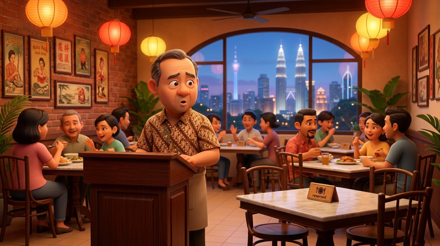 Illustration of a Malaysian restaurant owner at a shophouse host stand looking at one empty reserved table while the rest of the dining room is full
