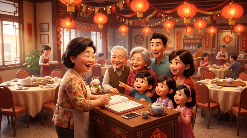 Illustration of a Malaysian Chinese restaurant manager confirming a reunion dinner booking with a family, a red booking ledger and teapot on the counter