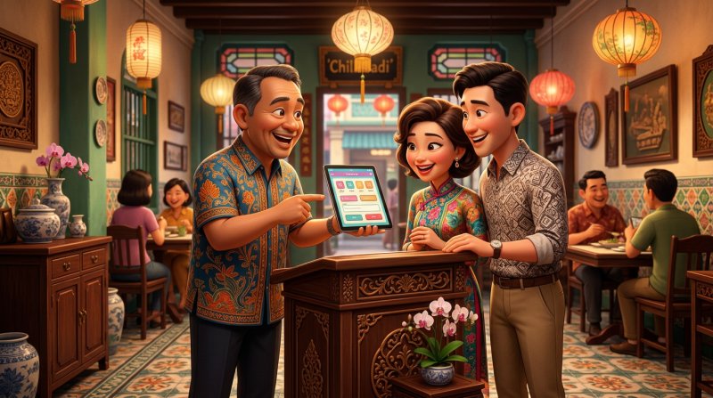Restaurant manager showing a booking screen on a tablet to a smiling couple at the host stand of a Peranakan shophouse restaurant