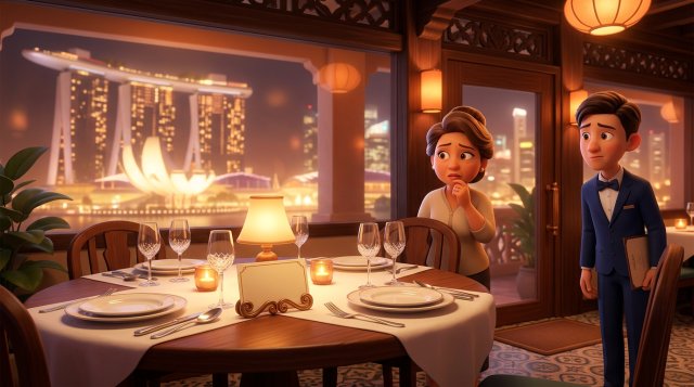 Restaurant owner and waiter looking anxiously at the entrance beside an empty reserved table for six, in a Singapore shophouse dining room with the Marina Bay skyline through the window