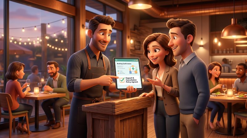 Restaurant host showing a couple a tablet booking screen with a clear cancellation policy displayed before confirming