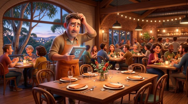 Australian restaurant owner looking at an empty reserved table set for eight while the rest of the dining room is full