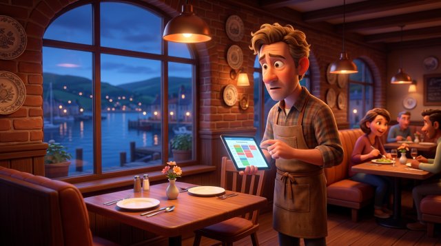 New Zealand restaurant owner looking at an empty reserved table by the window while checking the evening's booking list on a tablet