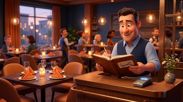 Restaurant owner at the host stand looking at a reservation book with a crossed-out entry, an empty set table behind him