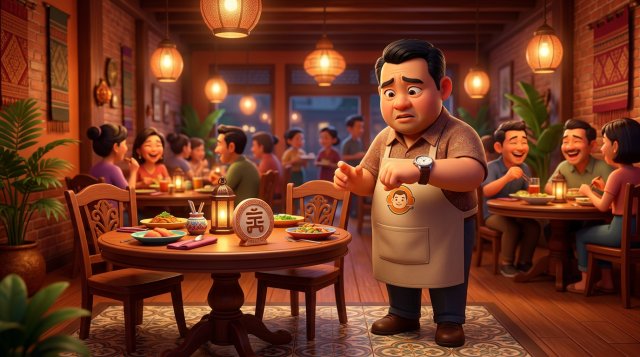 เจ้าของร้านอาหารไทยยืนมองโต๊ะว่างที่มีป้ายจองไว้ พร้อมดูนาฬิการอลูกค้าที่ไม่มาตามนัด