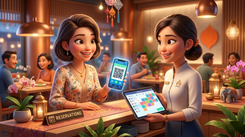 ลูกค้าสแกน QR Code จ่ายมัดจำการจองผ่านสมาร์ตโฟน โดยมีพนักงานร้านถือแท็บเล็ตแสดงปฏิทินการจอง