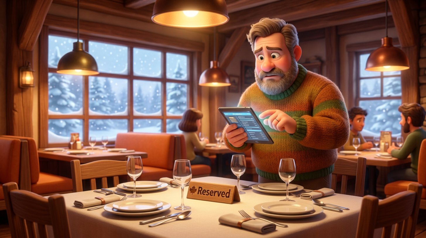 Worried restaurant owner checking a tablet beside an empty reserved table set for six, snow falling outside the window