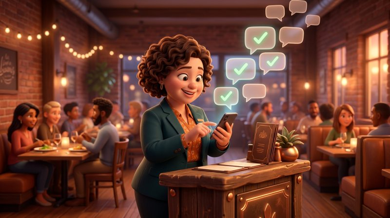 Restaurant host sending reservation reminder text messages from a smartphone at the host stand