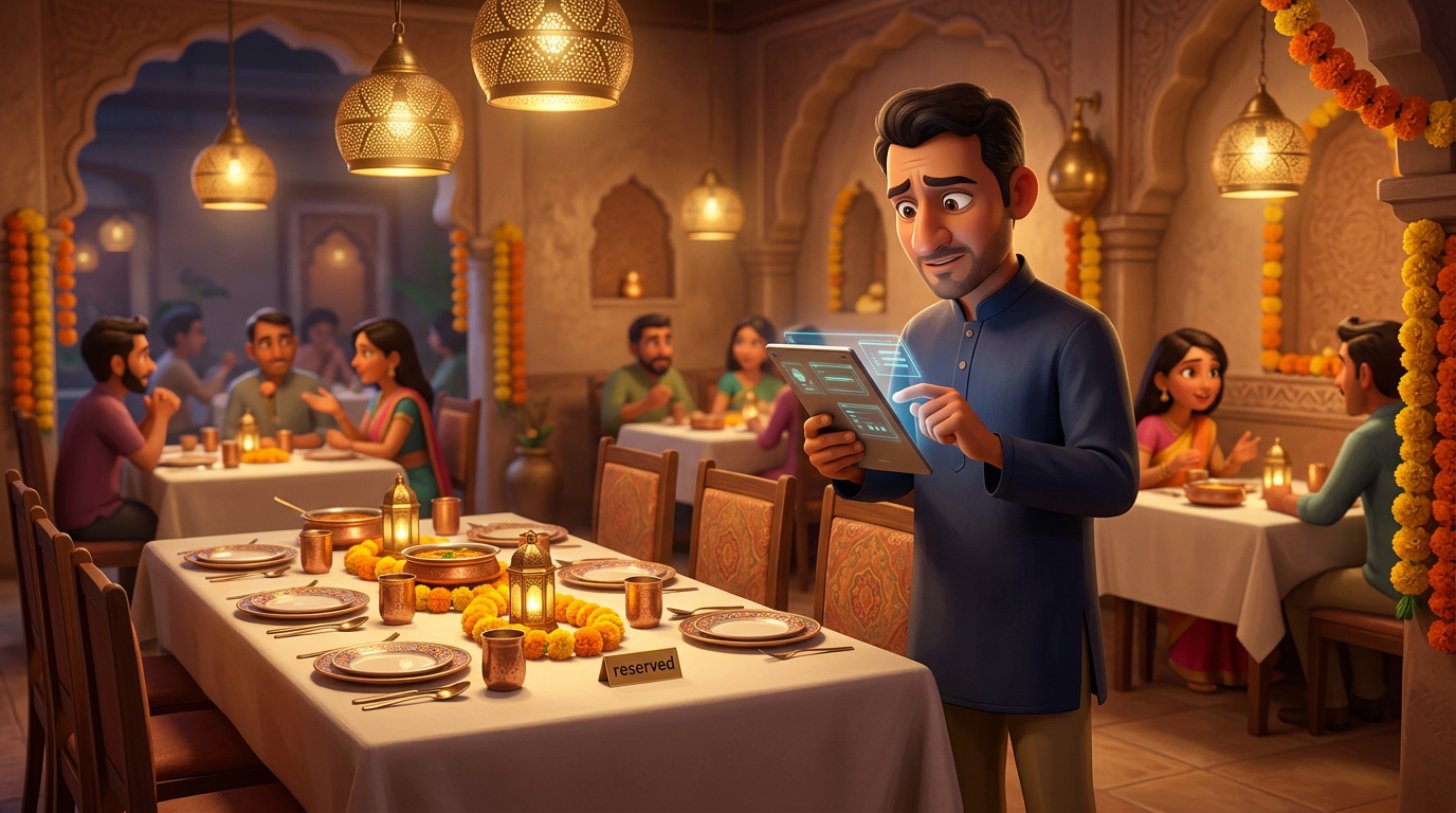 Restaurant owner checking a tablet beside an empty reserved table for eight in a warmly lit contemporary Indian dining room, with brass lanterns and marigold decor