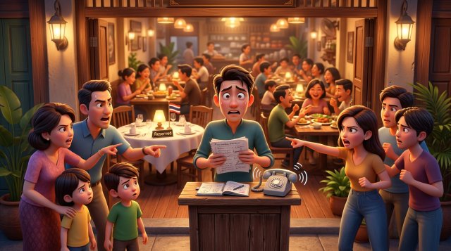 พนักงานต้อนรับร้านอาหารยืนลำบากใจหน้าร้าน เมื่อลูกค้าสองกลุ่มมาถึงพร้อมกันแต่เหลือโต๊ะว่างเพียงโต๊ะเดียว ข้างสมุดจองกระดาษที่จดไม่ตรงกัน
