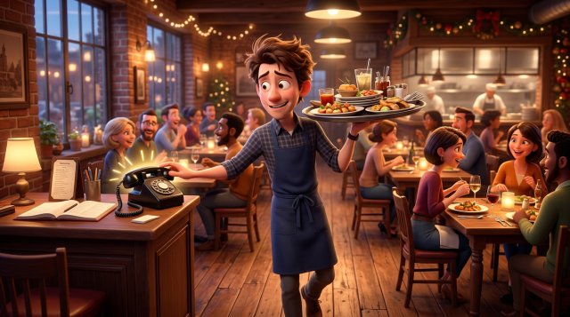 Illustration of an overwhelmed waiter in mid-service, a loaded tray in one hand, looking at the restaurant's ringing phone