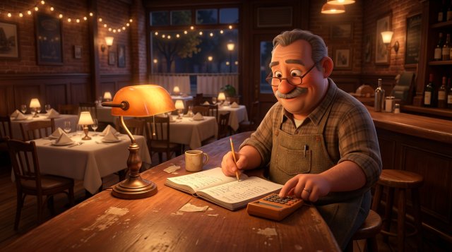 Illustration of a restaurant owner reviewing his figures in a notebook at the counter of his bistro after service, calculator at hand