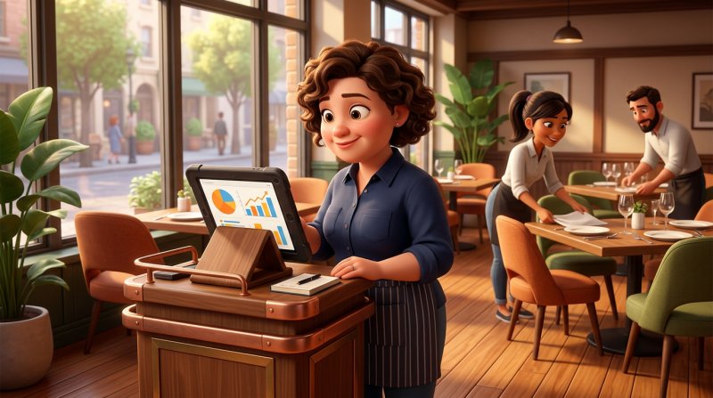 Restaurant manager checking weekly performance charts on a tablet at the host desk while the team sets tables