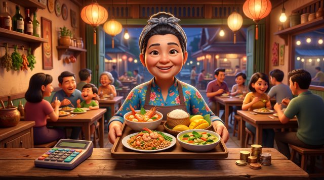 เจ้าของร้านอาหารไทยยิ้มแย้มยกถาดเมนูเซ็ตที่เคาน์เตอร์ มีเครื่องคิดเลขและกองเหรียญวางอยู่ข้าง ๆ ในร้านตึกแถวบรรยากาศอบอุ่น